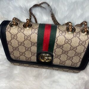 Gucci Beige and Black Shoulder Bag with Red Stripe